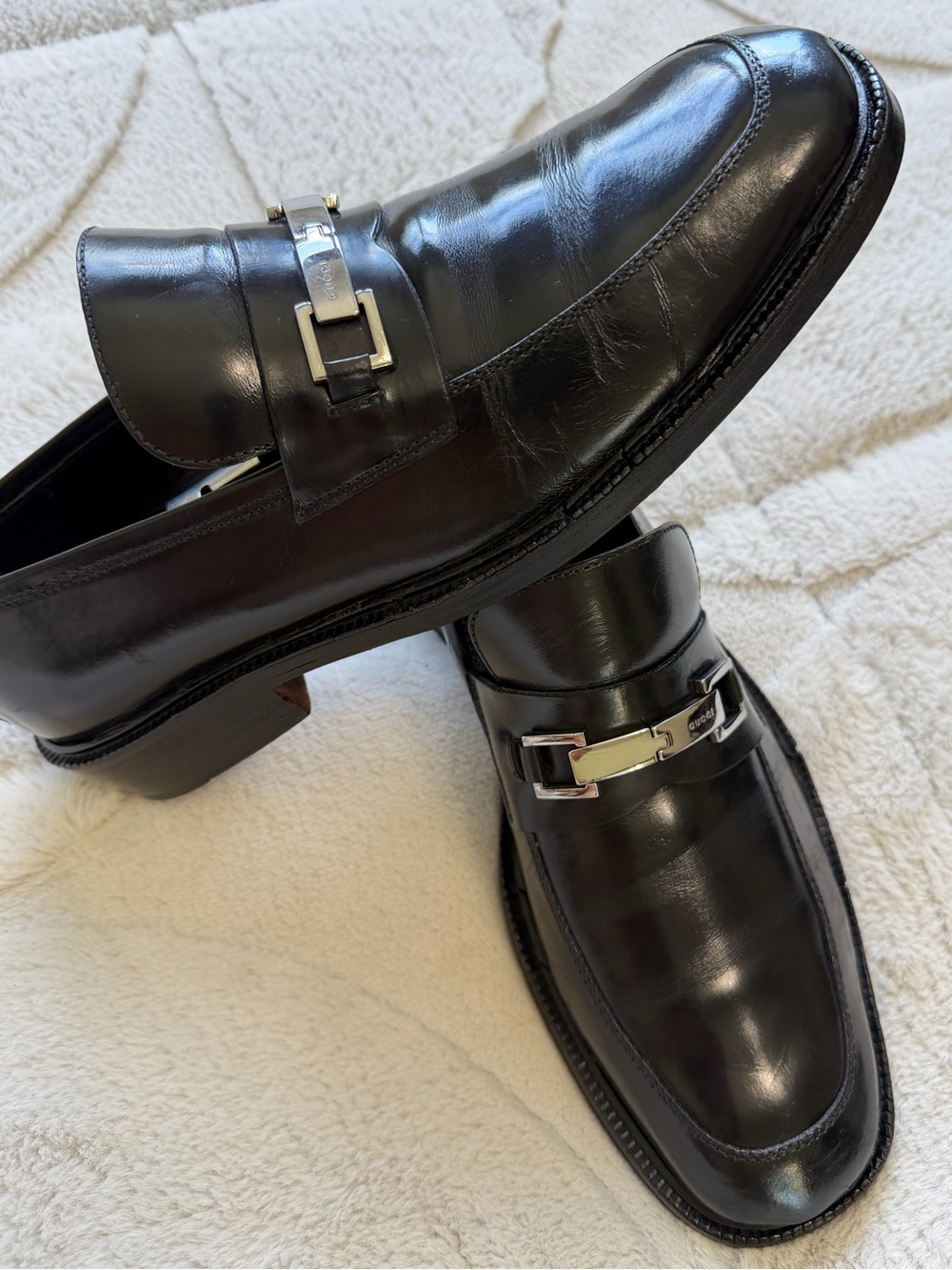 Vintage Y2K Gucci Black Leather Chunky Horsebit Buckle Loafers 9